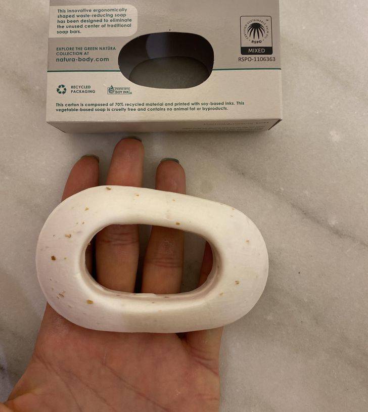 “This waste-reducing hotel bar soap that’s designed to eliminate the unused center of traditional soap bars.”