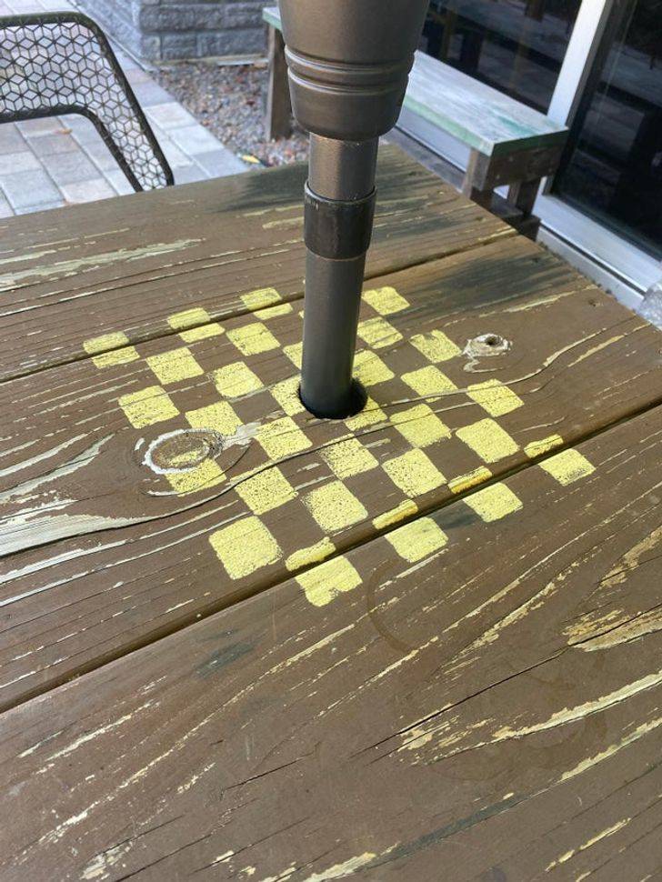 “These coffee shop tables are designed to play checkers or chess but have an umbrella going through the middle.”
