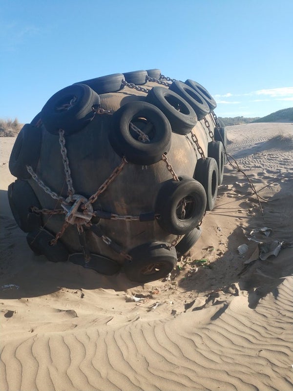 Plastic and hollow, size of a big SUV, the tide never reach it, attached to the ground.

Large Ship bumper/fender. The are Used to keep huge ships from smashing into the pier. It must have washed up during a storm.