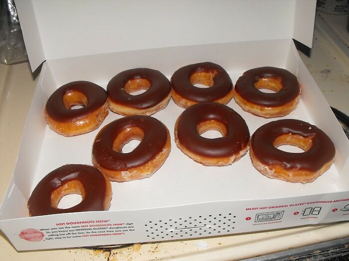Worked at Krispy Kreme for 2 years.

Just so you know, the doughnuts are absolutely fresh- brought in twice a day.

Don't order any of the Coffee Bean drinks, though- they never ever change the ice chest.

Doughnuts are most fresh at 6 am and 3 pm; least fresh at 2pm & 10pm
