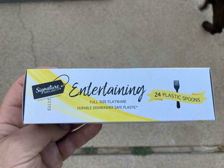 home disasters - unlucky people - label - Signature Entertaining 24 Plastic Spoons Quality Suratord SS8 Full Size Flatware Durable Dishwasher Safe Plastic