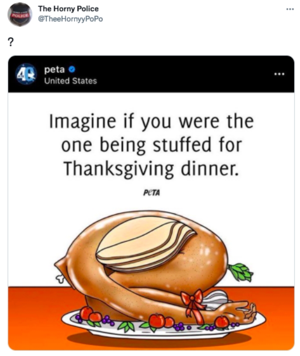 funny tweets - peta stuffed for thanksgiving - The Horny Police PoPo ? peta United States Imagine if you were the one being stuffed for Thanksgiving dinner. Peta Coroa 85