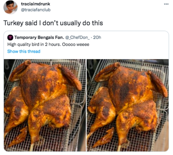 funny tweets - hendl - traciaimdrunk Turkey said I don't usually do this Temporary Bengals Fan. . 20h High quality bird in 2 hours. Ooooo weeee Show this thread