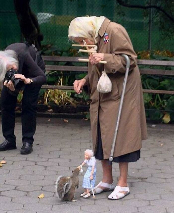 real life inception - old lady feeding squirrel with puppet