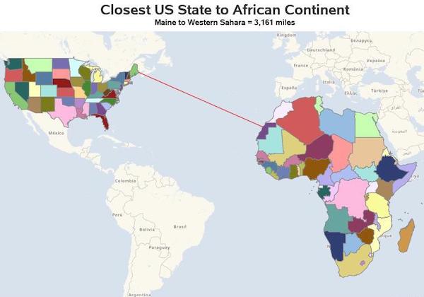 infographics - guides - closest state to africa - Closest Us State to African Continent Maine to Western Sahara 3,161 miles He Dutch ya France Tore Tu Wiki Colombia Paraguay