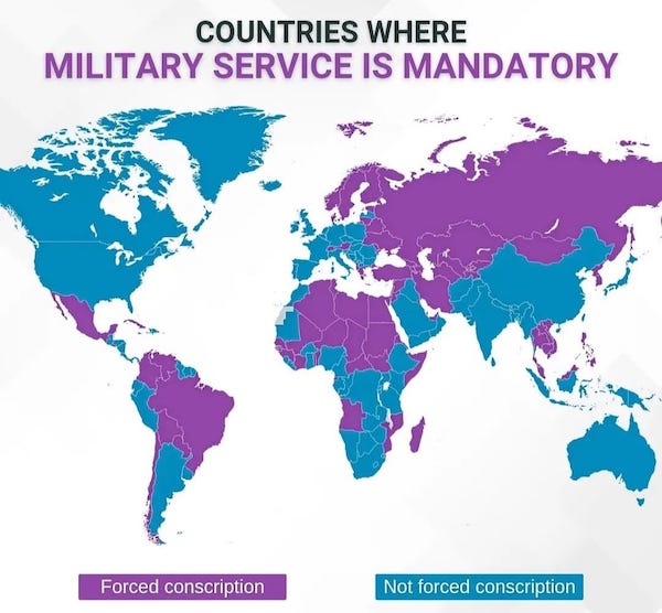 infographics - guides - world map spread out - Countries Where Military Service Is Mandatory Forced conscription Not forced conscription
