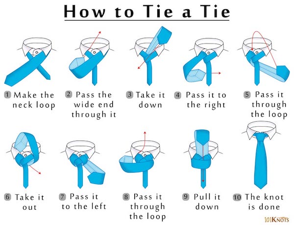 infographics - guides - make tie - How to Tie a Tie 1 Make the neck loop Pass the wide end through it Take it down Pass it to the right 5 Pass it through the loop 6 Take it out 7 Pass it to the left 8 Pass it through the loop Pull it down 10 The knot is d