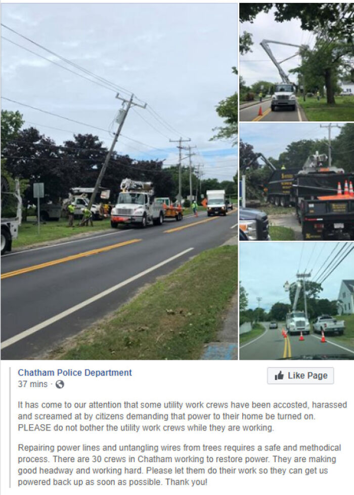 cringe - entitled people - lane - Chatham Police Department 37 mins. Page It has come to our attention that some utility work crews have been accosted, harassed and screamed at by citizens demanding that power to their home be turned on. Please do not bot
