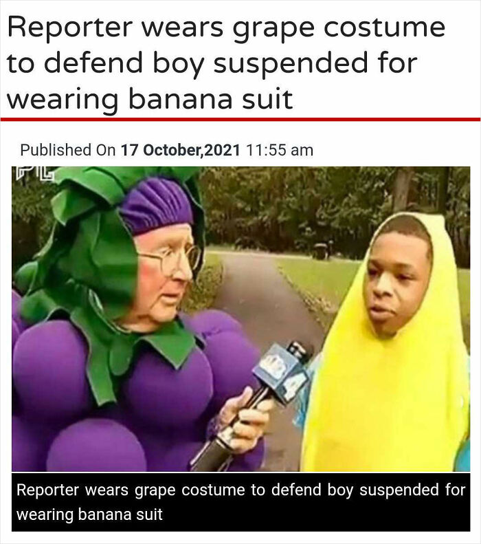 reporter wears grape costume - Reporter wears grape costume to defend boy suspended for wearing banana suit Published On Reporter wears grape costume to defend boy suspended for wearing banana suit