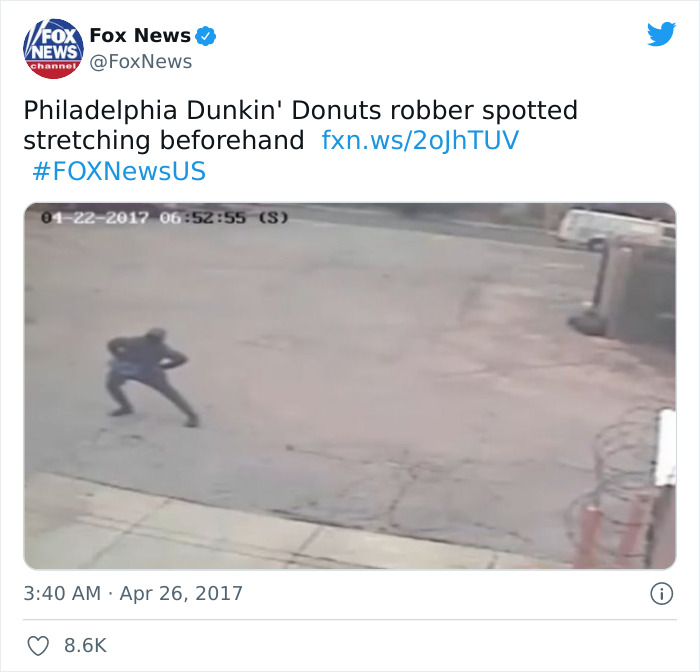man stretching before robbing dunkin donuts - Fox Fox News News Channel Philadelphia Dunkin' Donuts robber spotted stretching beforehand fxn.ws20JhTUV 01222017 55 S i