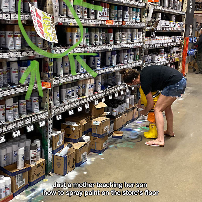 supermarket - L pray Paint 14 now. Deel Vorong Brda Mumical Erice Tut 2 Vie new! Feelices 90 1 3.2 2 In N3 Just a mother teaching her son how to spray paint on the store's floor