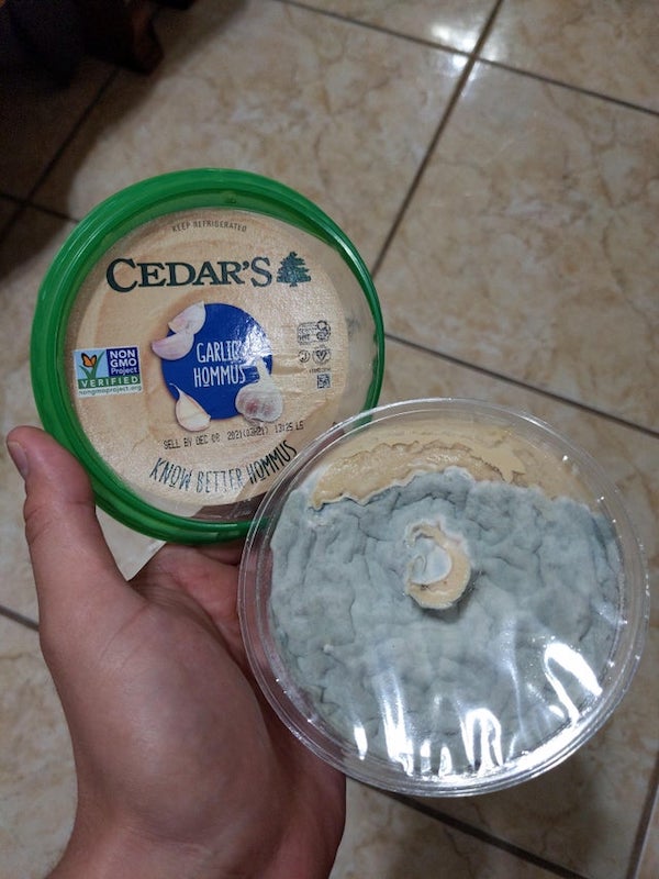 Hummus was filled with mold, even though it was refrigerated with an unbroken seal, and bought 1 month before the expiration date.