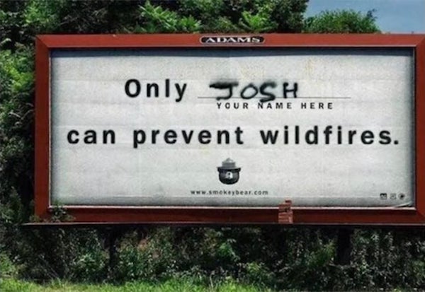 funny vandalism - only josh can prevent forest fires - Cadams Your Name Here Only Tosh can prevent wildfires.