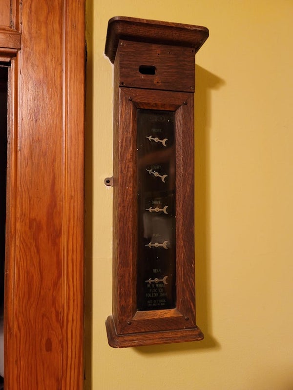 WITT: staying in an early 1900s house on the third floor. Wooden box with 5 dials with different words. Says WG Nagel Electric on the bottom. Also has a reset button on the bottom.

A: It’s an annunciator panel. Different rooms would have had a button that was used to summon the staff. This is where the staff would see which room was requesting service.