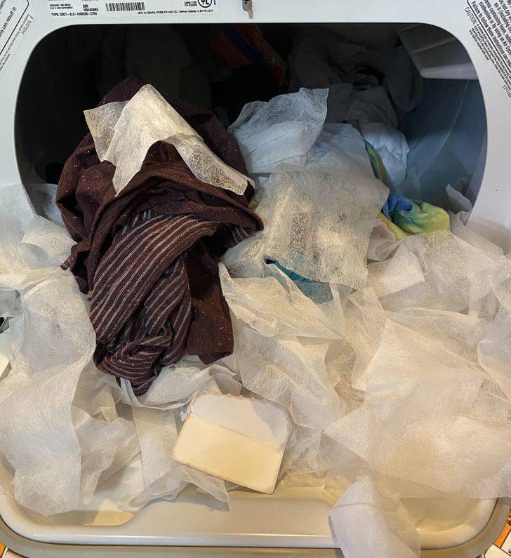 “My wife tossed a pile of laundry into the dryer. Along with a brand new box of 500 dryer sheets.”