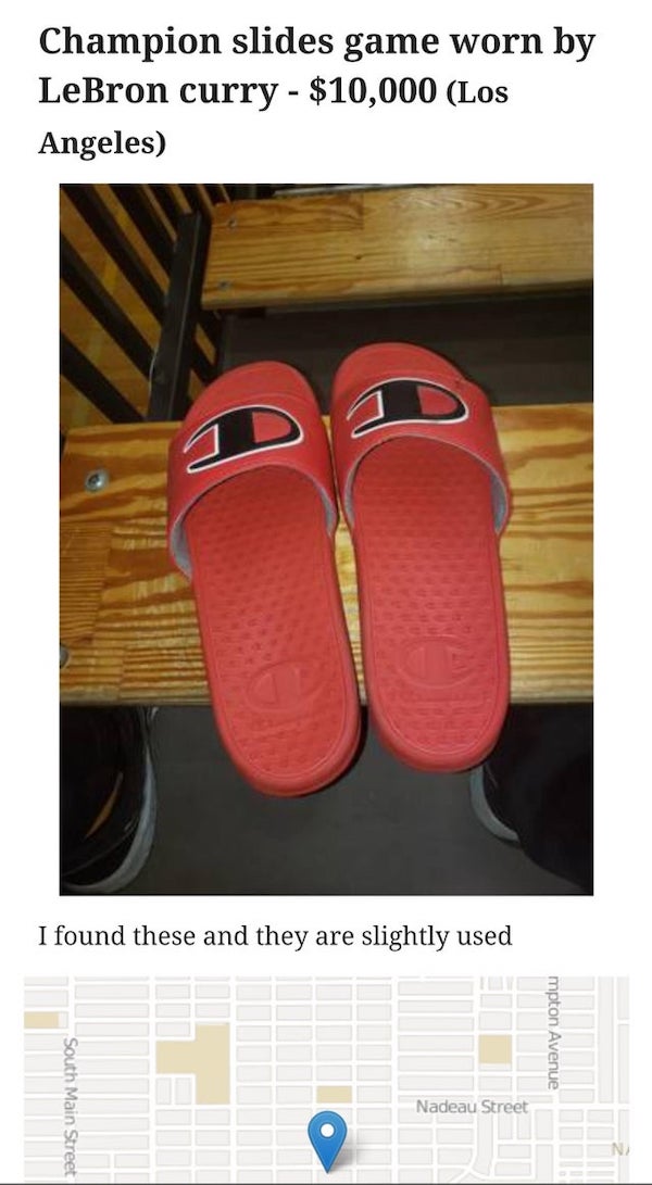 slipper - Champion slides game worn by LeBron curry $10,000 Los Angeles I found these and they are slightly used mpton Avenue South Main Street Nadeau Street