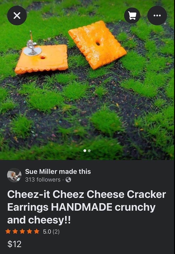 grass - Sue Miller made this 313 ers Cheezit Cheez Cheese Cracker Earrings Handmade crunchy and cheesy!! 5.0 2 $12