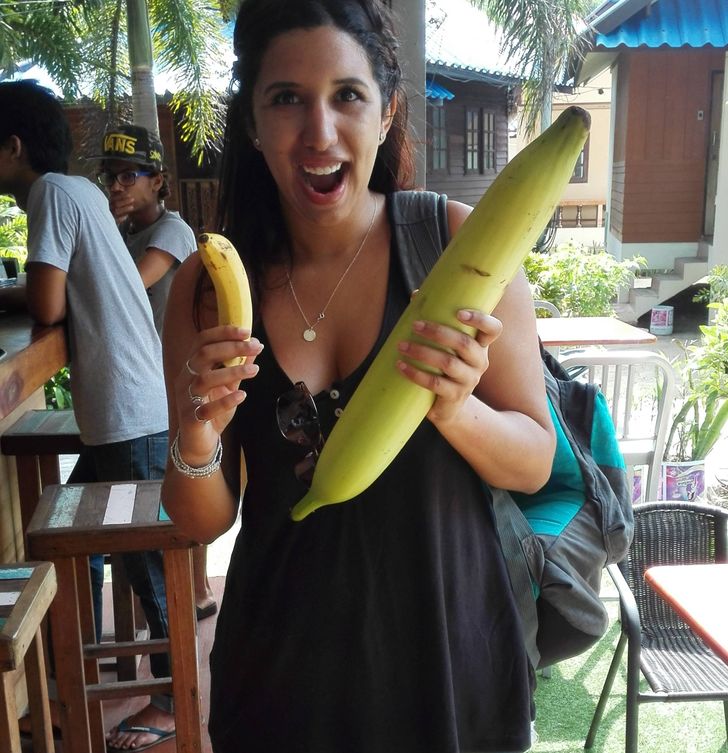 “Found this giant banana in Thailand. Normal banana for scale.”