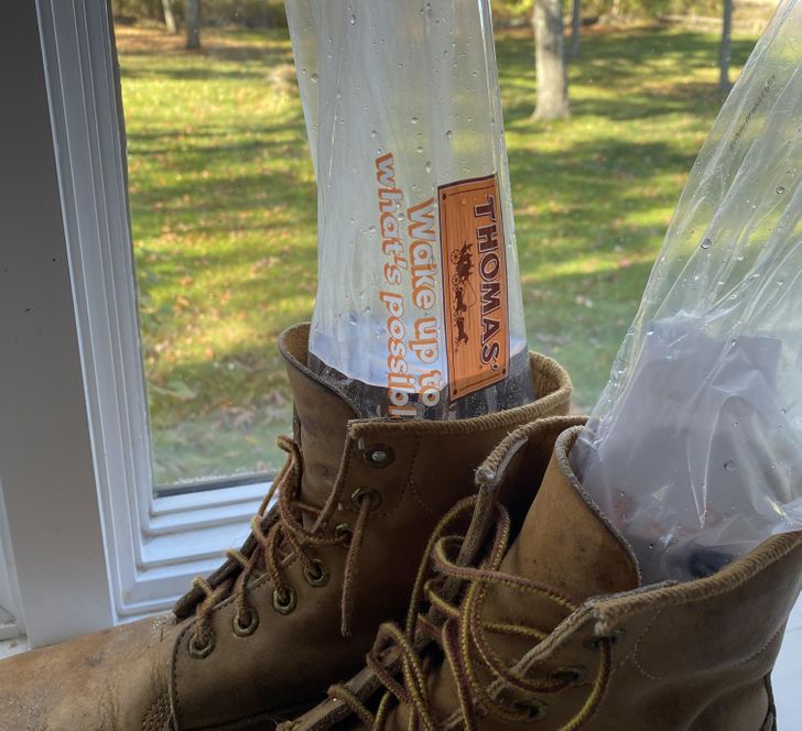 “I preheat my boots with hot tap water in long English Muffin bags while I eat the muffins for breakfast.”