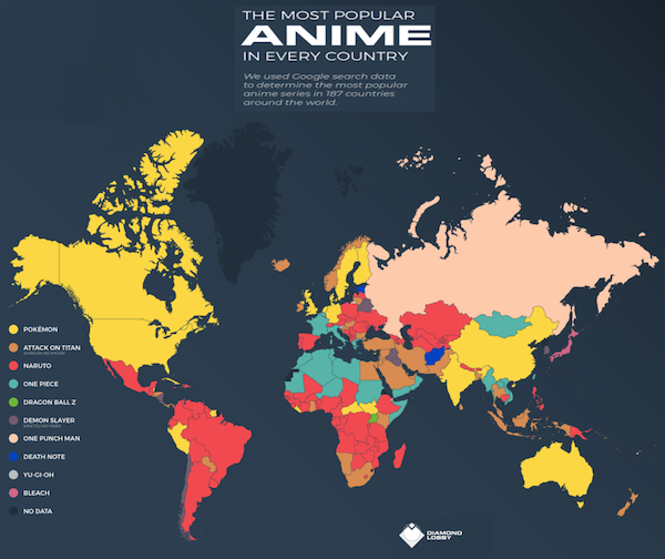 infographics - charts and graphs - countries the simpsons have visited - The Most Popular Anime In Every Country We used Google search data to determine the most popular anime series in 187 countries around the world. Pokemon Attack On Titan Naruto One Pi
