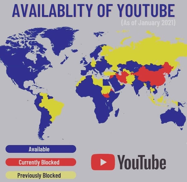 infographics - charts and graphs - world map - Availablity Of Youtube As of Available Currently Blocked YouTube Previously Blocked