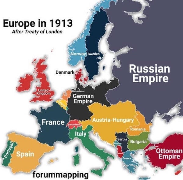 infographics - charts and graphs - europe map - Europe in 1913 After Treaty of London Norway Sweden Denmark Russian Empire United Kingdom Netherlands German Empire France AustriaHungary Romania Italy Serbia Bulgaria Portugal Spain Ottoman Empire Greece fo
