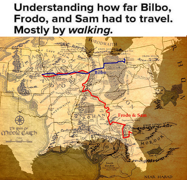 infographics - charts and graphs - middle earth size comparison - Understanding how far Bilbo, Frodo, and Sam had to travel. Mostly by walking. Forodwaith Lost Red Man Tron Hills Dauty Bilbo u n Minhiljath Cat 'N Nedwaith Frode & Sam Rohan Rip Lime le Mid