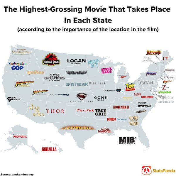 infographics - charts and graphs - highest grossing movies that takes place - The HighestGrossing Movie That Takes Place In Each State according to the importance of the location in the film Wolverine Inside Out Brides Maids Corsing Tore Steaking oten Kin
