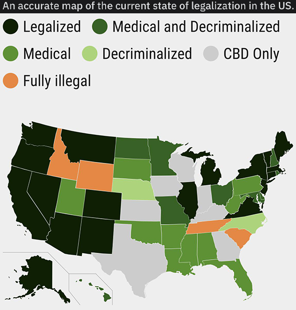 infographics - charts and graphs - recreational marijuana states - An accurate map of the current state of legalization in the Us. Legalized Medical and Decriminalized Medical Decriminalized Cbd Only Fully illegal