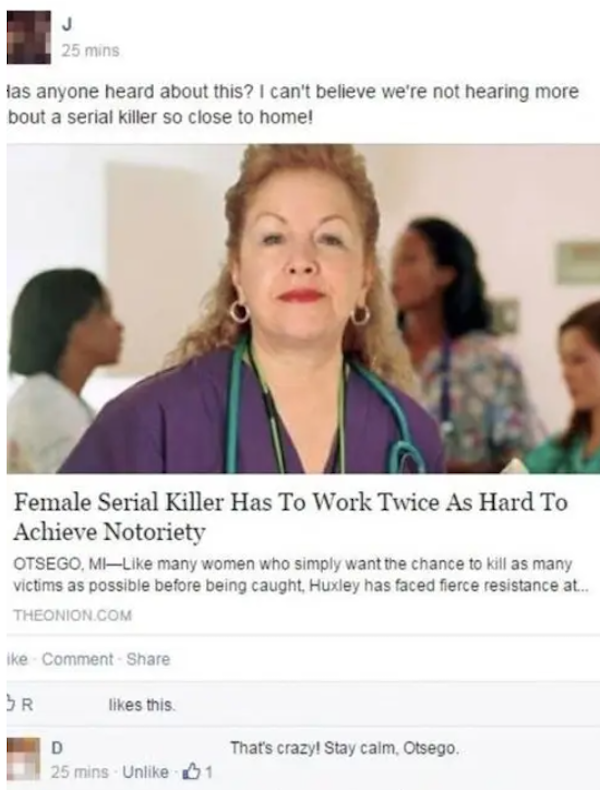 missed the joke  - education - 25 mins las anyone heard about this? I can't believe we're not hearing more bout a serial killer so close to home! Female Serial Killer Has To Work Twice As Hard To Achieve Notoriety Otsego, MI many women who simply want the