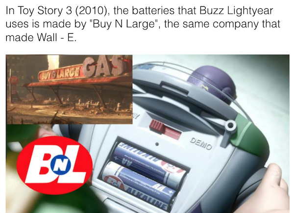 movie details - buy n large toy story - In Toy Story 3 2010, the batteries that Buzz Lightyear uses is made by "Buy N Large", the same company that made Wall E. Gas March darf Demo Be Vy N Attitate