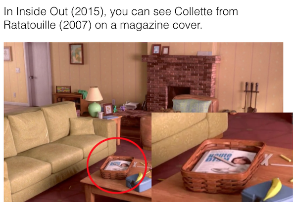 movie details - pixar family room - In Inside Out 2015, you can see Collette from Ratatouille 2007 on a magazine cover.