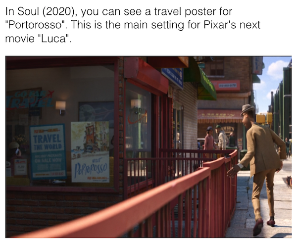 movie details - luca soul easter egg - In Soul 2020, you can see a travel poster for "Portorosso". This is the main setting for Pixar's next movie "Luca". Travel The World Poprorosso