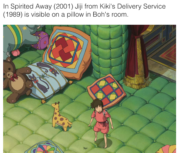 movie details - In Spirited Away 2001 Jiji from Kiki's Delivery Service 1989 is visible on a pillow in Boh's room.