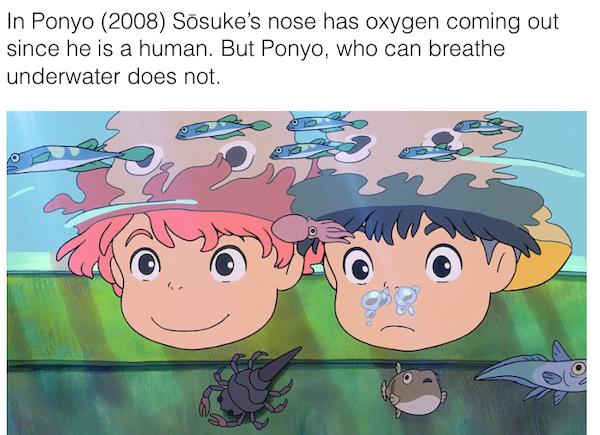 movie details - ponyo & sosuke - In Ponyo 2008 Ssuke's nose has oxygen coming out since he is a human. But Ponyo, who can breathe underwater does not.