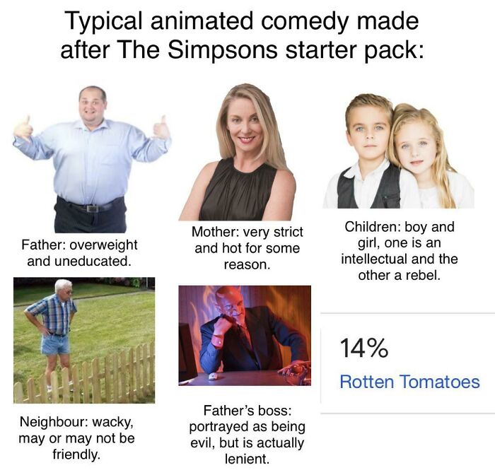 starter pack memes  - animated comedy starter pack - Typical animated comedy made after The Simpsons starter pack Father overweight and uneducated. Mother very strict and hot for some reason. Children boy and girl, one is an intellectual and the other a r