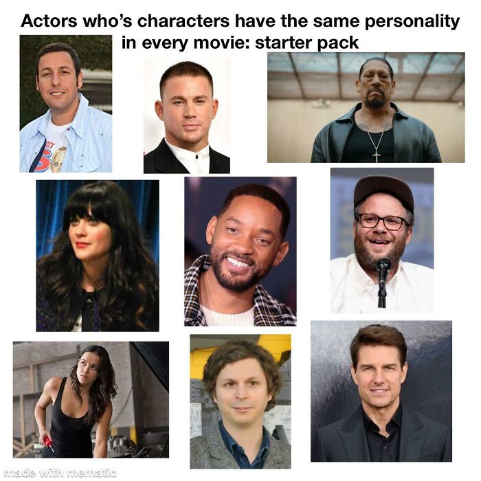 starter pack memes  - actors who always play the same role - Actors who's characters have the same personality in every movie starter pack made with mematis