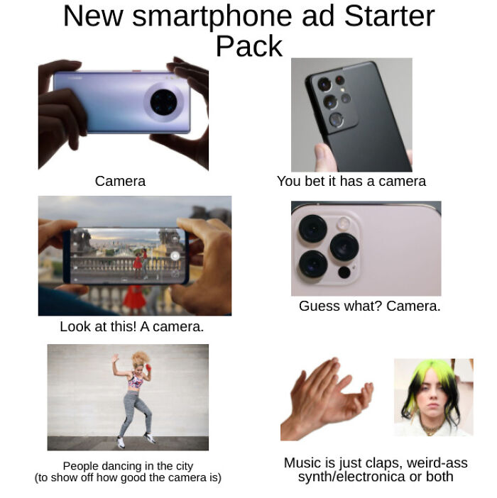 starter pack memes  - smartphone ad starter pack - New smartphone ad Starter Pack Camera You bet it has a camera Guess what? Camera. Look at this! A camera. People dancing in the city to show off how good the camera is Music is just claps, weirdass synthe