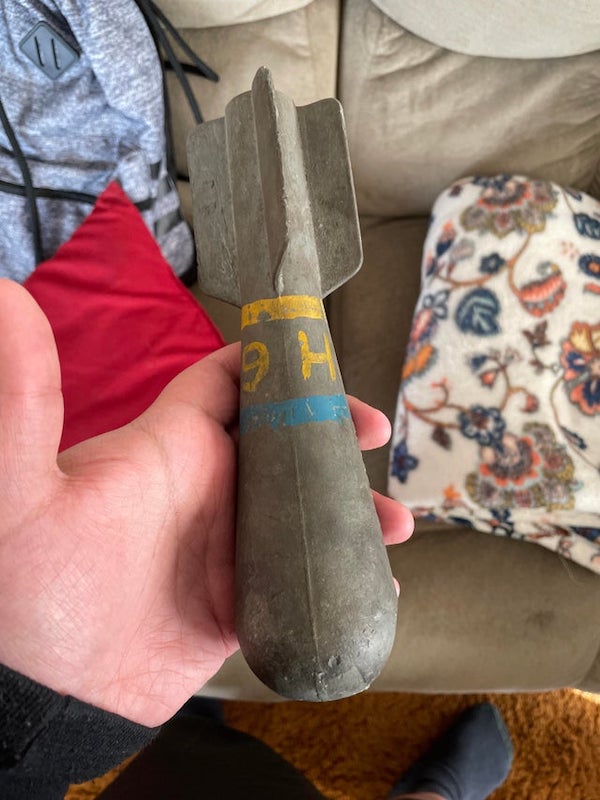 Found this old thing in a garage. It’s pretty heavy (maybe lead), looks like a weird torpedo, and was probably used in a war but not entirely sure. Any ideas?

A: It’s this mini practice bomb.