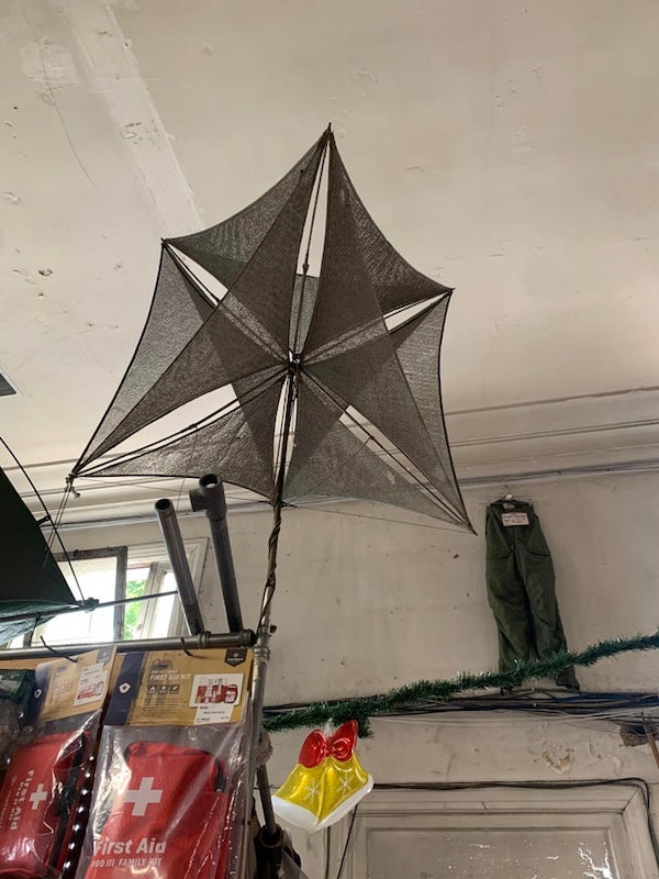 Seen at a military surplus store. Antenna-like object with geometric mesh panels approximately 2 or 3 feet in all directions. Shopkeeper couldn’t tell me about it beyond the fact that it had been there since the store opened ~50 years ago.

A: Radar retroreflector. A portable one.