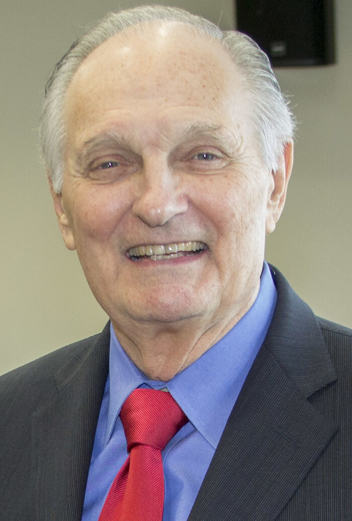 Alan Alda met his wife at a mutual friend's dinner party; when a rum cake accidentally fell onto the kitchen floor, they were the only two guests who did not hesitate to eat it.