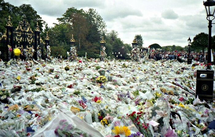 that after Lady Diana's death two Slovakian tourists were each given a 28-day prison sentence for having taken eleven teddy bears and a number of flowers from the pile outside the palace. This was reduced to a fine of £200 each.