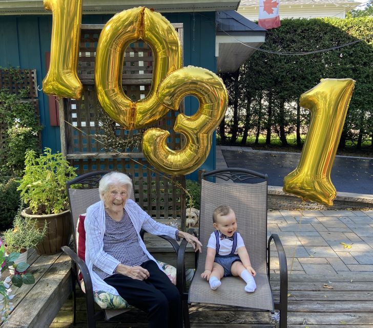 “My son is celebrating his first birth day with his 103-year-old great-grandma, both born on the same day.”