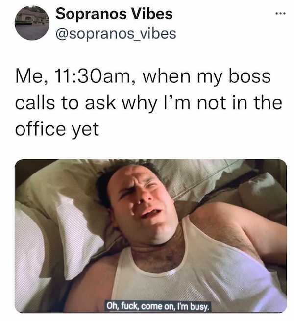 photo caption - . Sopranos Vibes Me, am, when my boss calls to ask why I'm not in the office yet Oh, fuck, come on, I'm busy.