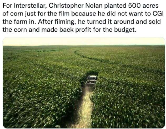 movie easter eggs - grass - For Interstellar, Christopher Nolan planted 500 acres of corn just for the film because he did not want to Cgi the farm in. After filming, he turned it around and sold the corn and made back profit for the budget.