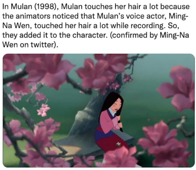 movie easter eggs - animated mulan scenes - In Mulan 1998, Mulan touches her hair a lot because the animators noticed that Mulan's voice actor, Ming Na Wen, touched her hair a lot while recording. So, they added it to the character. confirmed by MingNa We