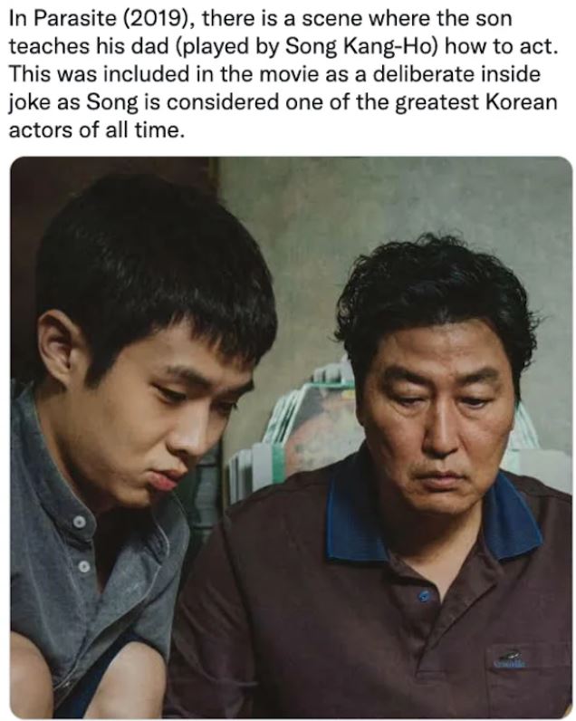 movie easter eggs - parasite dad - In Parasite 2019, there is a scene where the son teaches his dad played by Song KangHo how to act. This was included in the movie as a deliberate inside a joke as Song is considered one of the greatest Korean actors of a