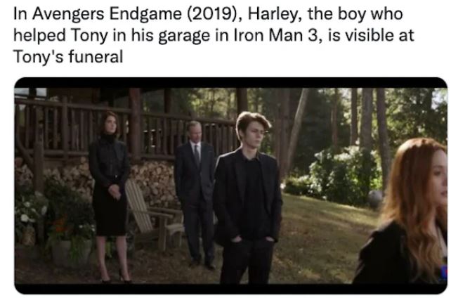 movie easter eggs - In Avengers Endgame 2019, Harley, the boy who helped Tony in his garage in Iron Man 3, is visible at Tony's funeral