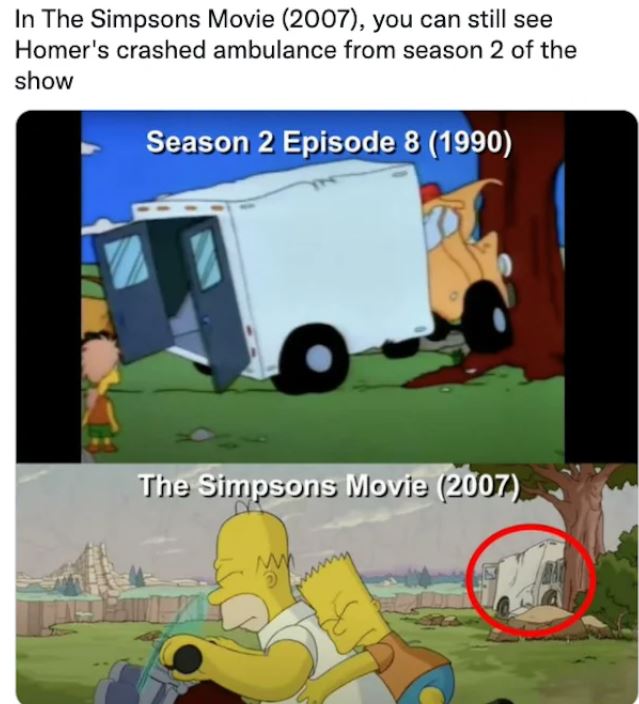movie easter eggs - simpsons ambulance - In The Simpsons Movie 2007, you can still see Homer's crashed ambulance from season 2 of the show Season 2 Episode 8 1990 The Simpsons Movie 2007