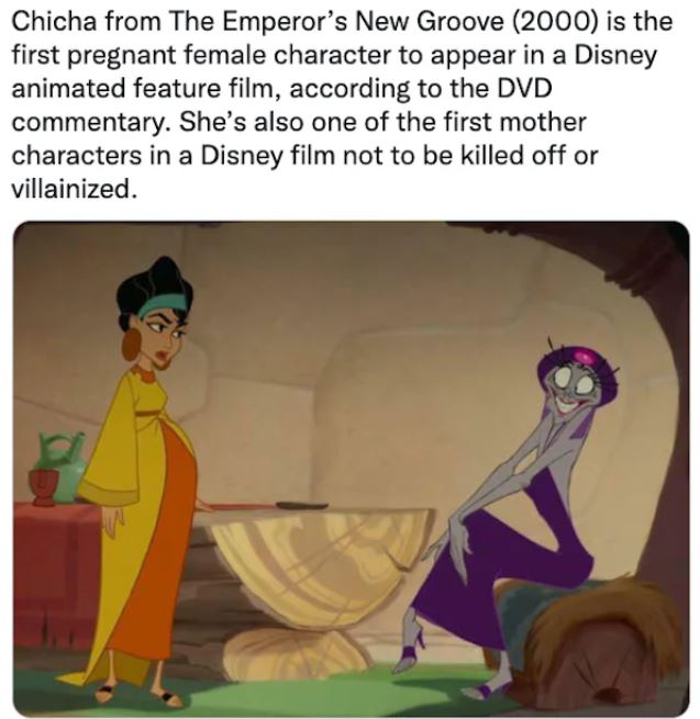 movie easter eggs - chicha a nova onda do imperador - Chicha from The Emperor's New Groove 2000 is the first pregnant female character to appear in a Disney animated feature film, according to the Dvd commentary. She's also one of the first mother charact